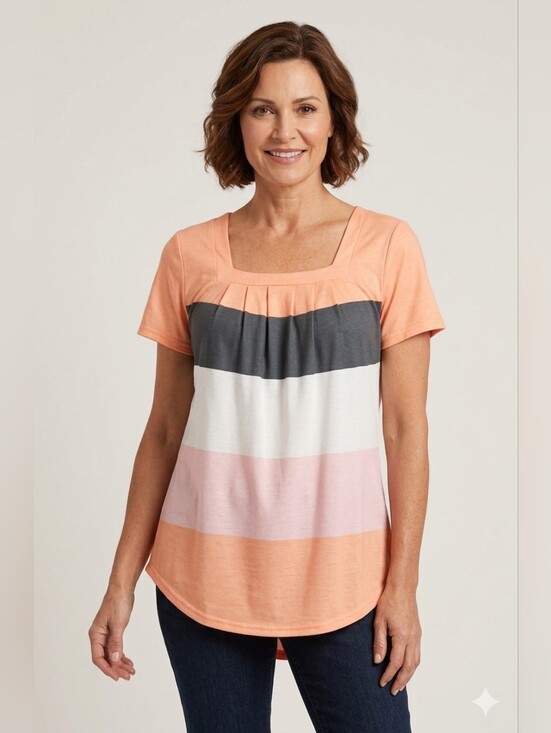 Tops - Women's Orange Colorblock Square Neck Pleated Short Sleeve Top Size Small